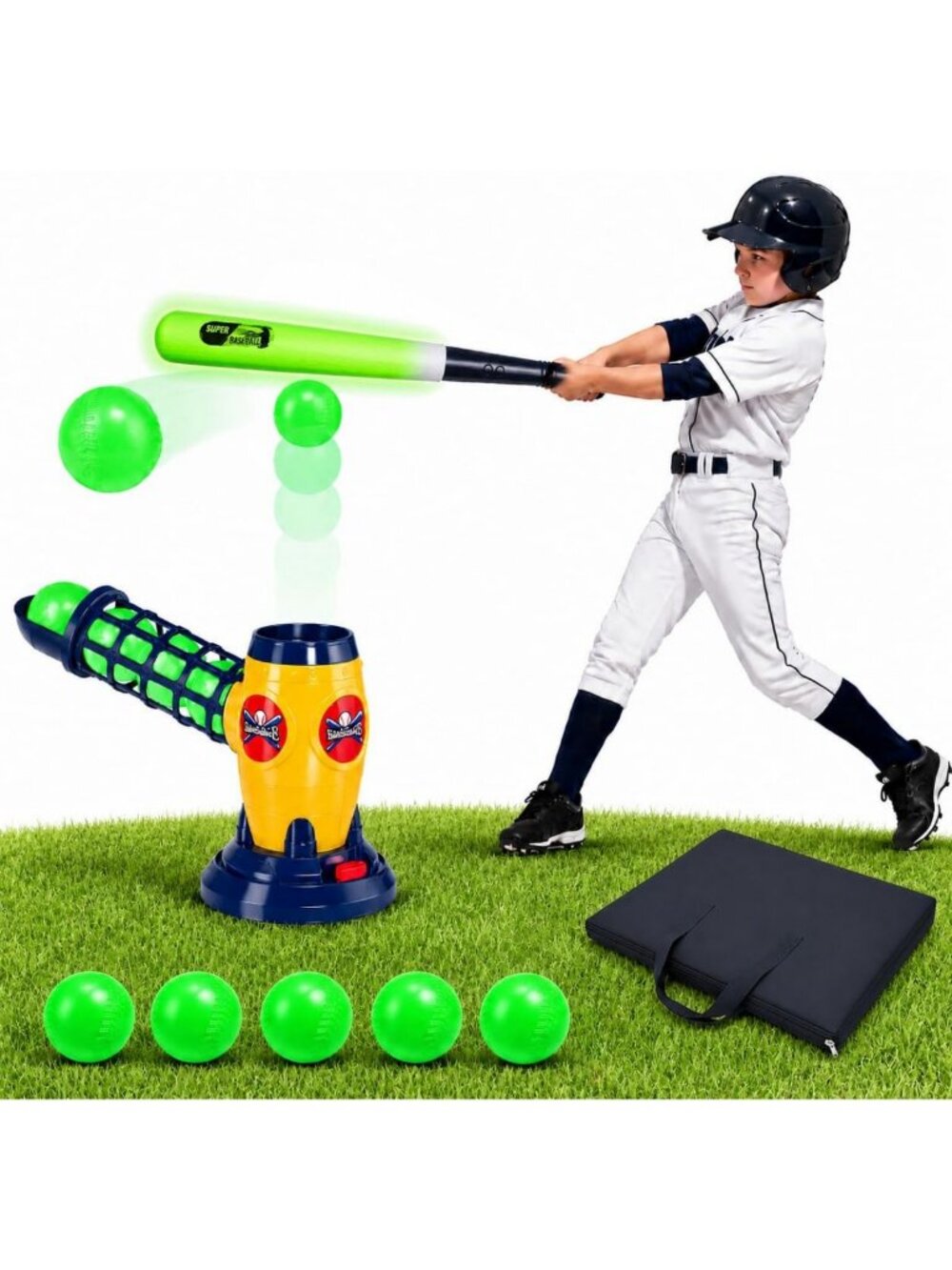 Kids T-Ball Set with Auto Pitching Machine, Remote Bat & 5 Glow-in-the-Dark